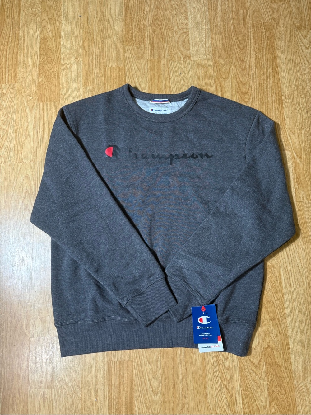 Champion Men’s Crewneck Sweatshirt in Charcoal Gray with Red Accent - Size M